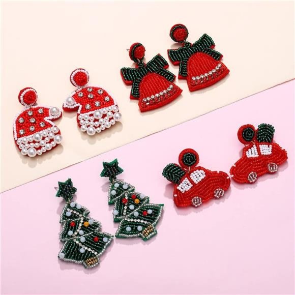 Christmas Beaded Earrings Hypoallergenic X-Mas Tree Snowflake Dangling Earrings - Picture 7 of 7